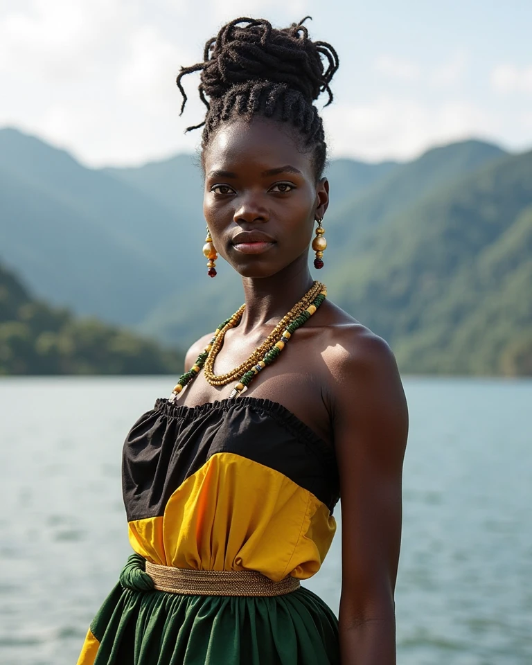A beautiful black woman , long hair decorated with cowries and shells coming out of the Ogun River in Africa in the background , walking wearing light green clothes with cowries , many shells and cowries ,copper and stone bracelets on the wrist and 3d shell necklaces , close up hyperrealistic image.