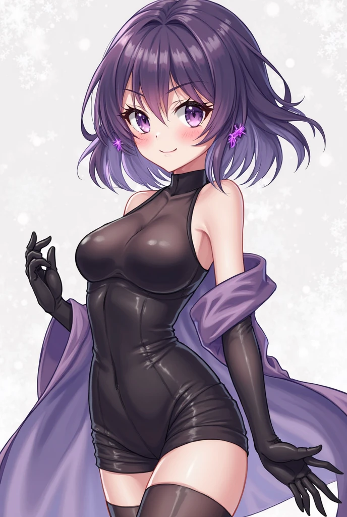 Fashionable girl, short purple hair, red strand, blue eyes, wolf ears and tail, black light beautiful dress, smile, masterpiece, high quality