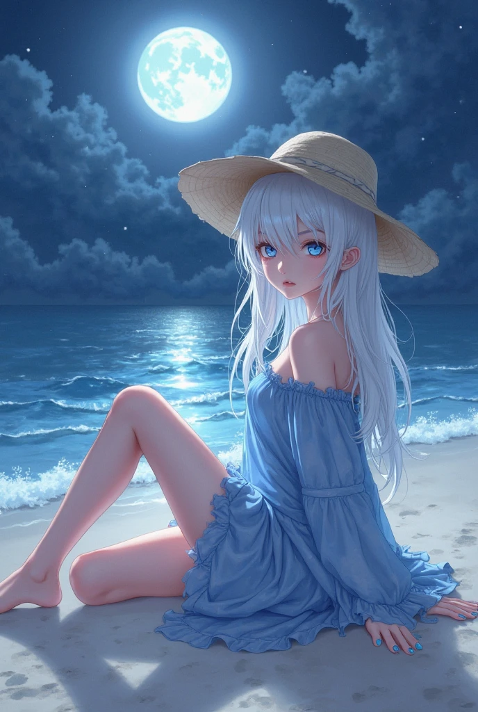 1girl blue_hair loli Barefoot, beach, night, bright moon and shining stars, high quality, The girl is sitting on the moon
