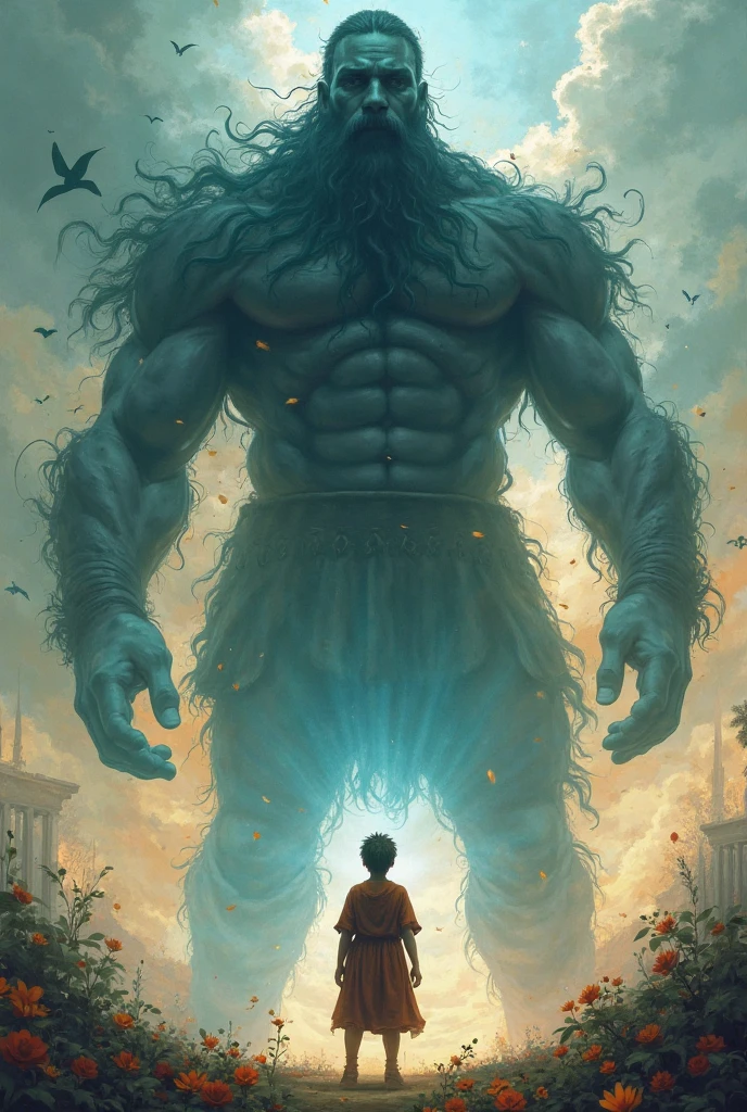 In night a boy looking at the sky and on the boy shirt write name Naveen and on the sky god hanuman and the boy prairies the god