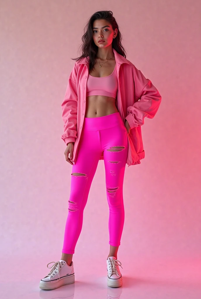 {(Élodie Yung usando (legging black de couro), e uma (pink sweatshirt jacket with wool hoods), (sensual)corpo perfeito, cintura fina, coxas largas e musculosas}.alta qualidade, com requintes de detalhes.