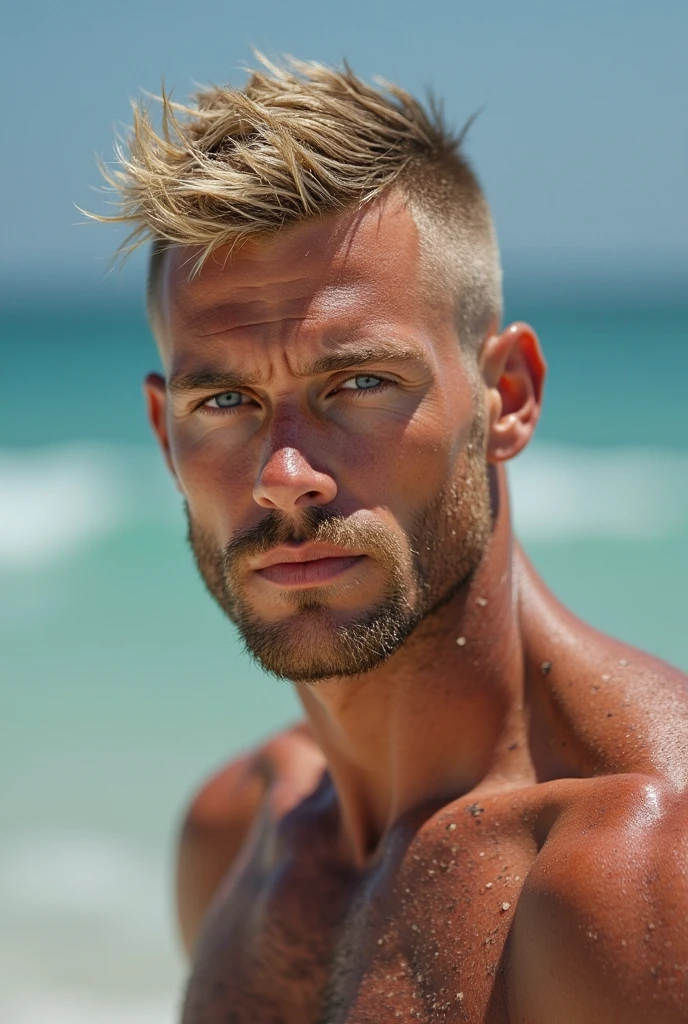 He has fluffy white hair, usually left loose naturally. His face is sharp and handsome, with bright blue eyes. He wears a swimsuit boy
