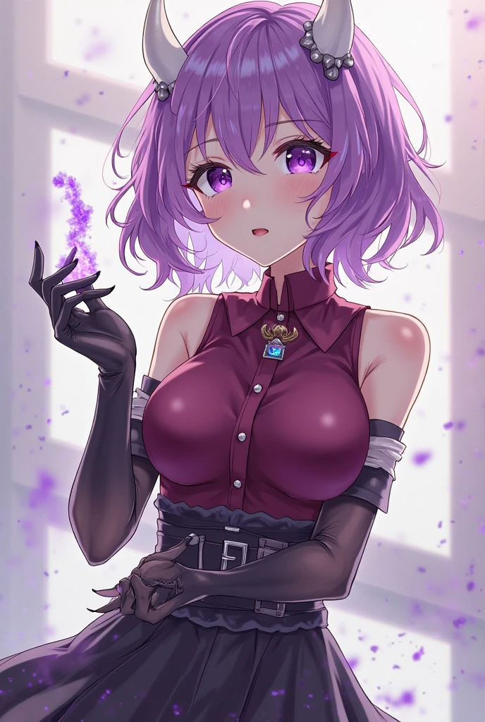 Fashionable girl, short purple hair, red strand, blue eyes, wolf ears and tail, black light beautiful dress, smile, masterpiece, high quality