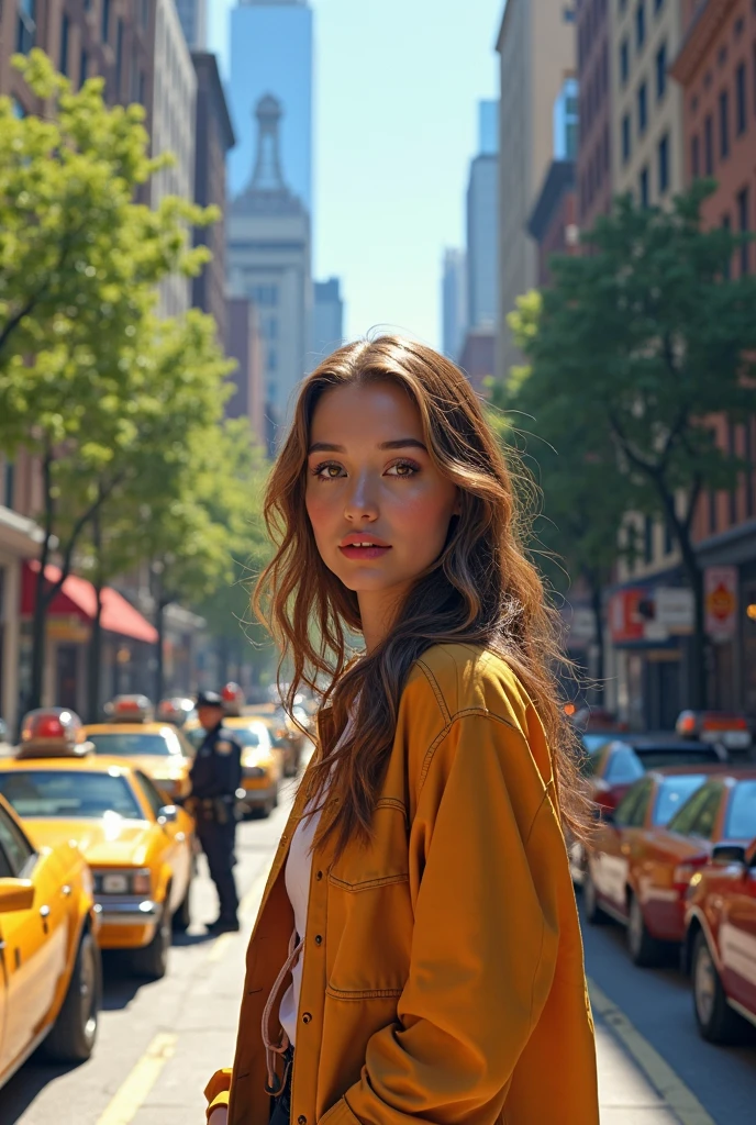 young girl, . LONG WAVY LIGHT BROWN HAIR, comely. Latina Italian Style Traits with White Skin. greeneyes , very beautiful.
Wearing a stylish 80s outfit. Walking in New York City in the 80s