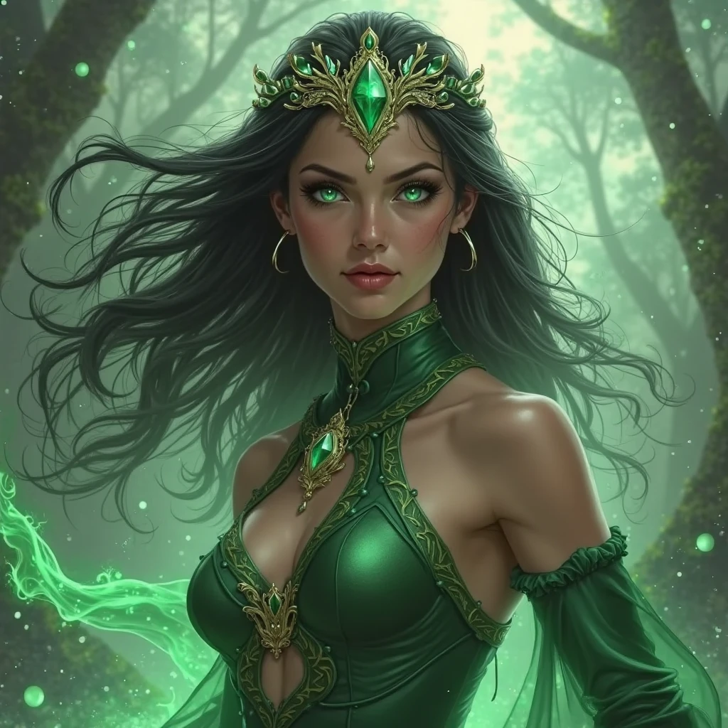masterpiece, superior quality, a powerful spell, creates a magical protective barrier, 1 woman from Germany, embellishment, wavy hair, wrinkles at the corners of the eyes, full body, ((very bra, panties on: 1.5)) , A woman uses green magic to summon a perfect magical shield, Perfect for fantasy worlds.