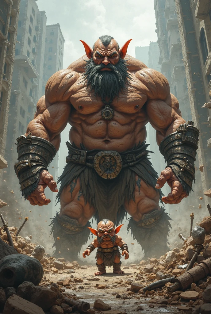 man strong, lusty, hairy chest, desired, holding a scared little dwarf.