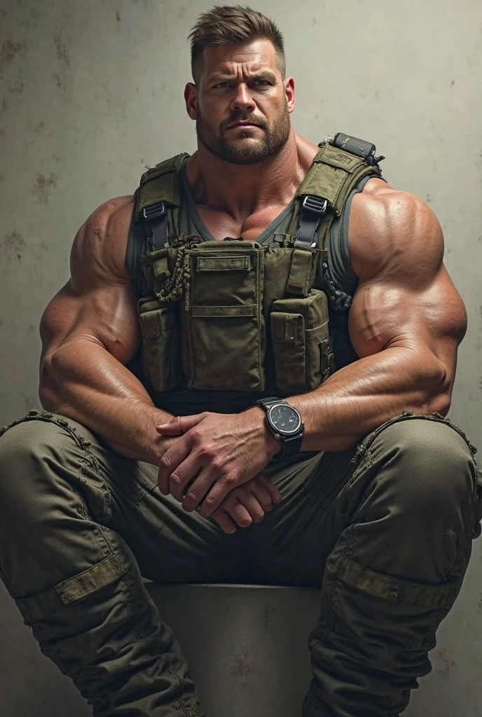 <lora:BulkedUpAIR1.5:0.1>, (realistic skin texture:1.2), (realistic skin pores:1.2), <lora:BulkedUpAIR1.5:0.2>, handsome face, (close up shot:0.7), at outdoor military base, sweaty:1.2, , wearing military shorts, (wearing open SWAT vest:1.1), confident, handsome, (((masterpiece))), (((best quality))), large pectorals, big muscles:0.5, male, lower color saturation:1, lower contract color:1, <lora:markdaltonxxxV2Update (1):1>, markdaltonxxxV2Update
