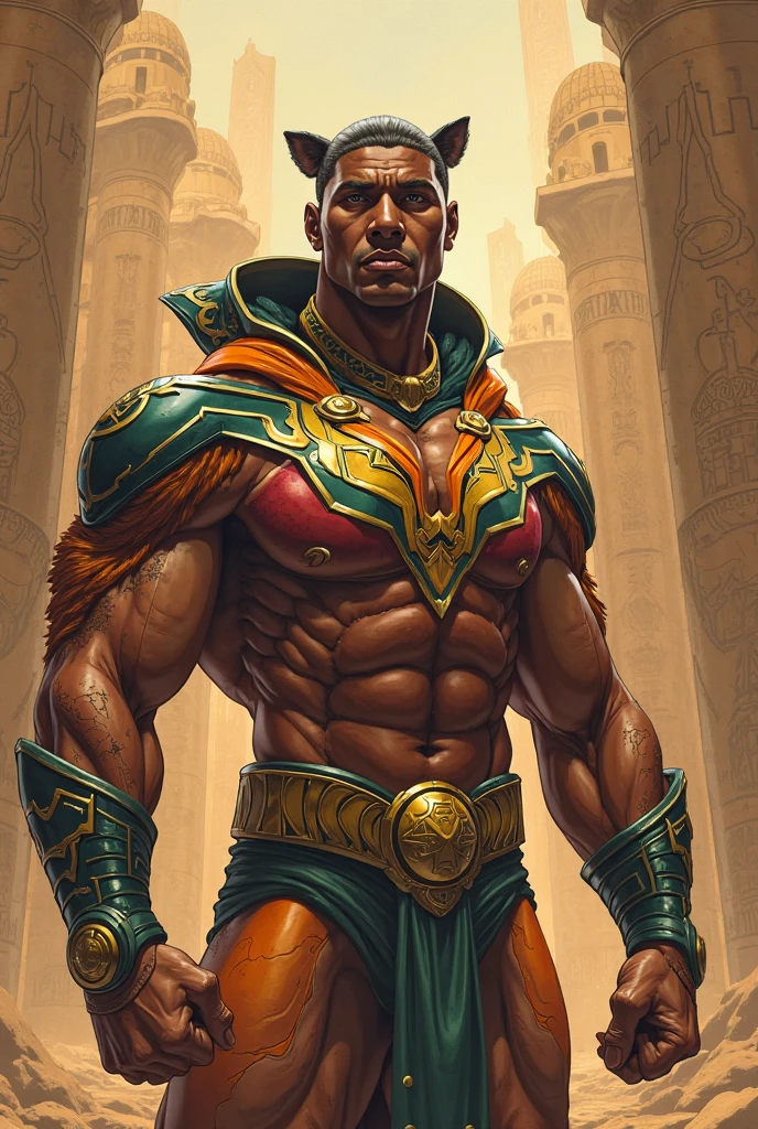 character portrait painting including full-length body image, huge muscular physique, handsome bald Jamaican, longshot, naked male in Arabian Nights costume, visible alien tattoos on huge muscular thighs chest and shoulders, loos elaborate kimono-style skirt, green pink gold, a magical symbol woven in gold thread into his clothing, action hero, intricate and detailed drawing