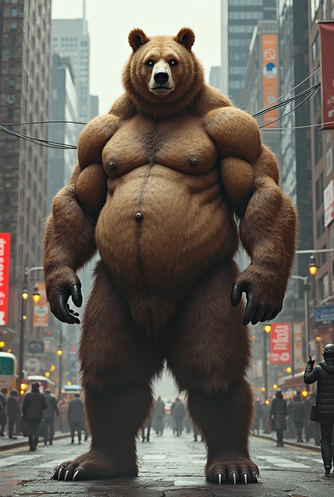 furry, fur taur, beartaur, human-like, anthro,  middle-age, solo,1man, detailed face, bear ears, bear eyes(brown), bear nose(black), bear mouth, beard(grey), hair, mature hair(grey), detailed arm, thick arm, forearm hair, muscular, thick hands(5 fingers), thick claws, detailed body belly, thick body, muscle belly(white), thick chest, chest hair(white), nipples, detailed taur body, thick taur body, waist hair, thick bear paws, bear paws hair, thick bear claws, thick bear tail, full body shot, standing in the airport