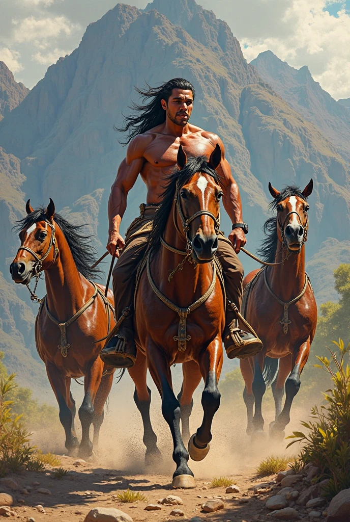 Horse with standing the indian warrior emotional painting on wall