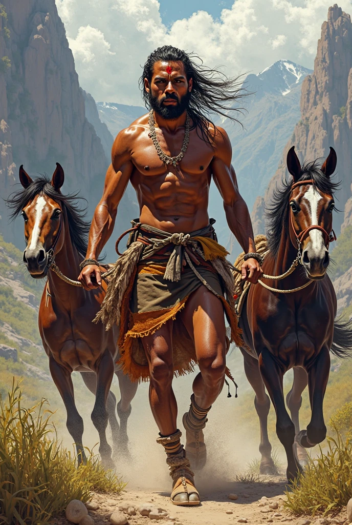 Give me an animated type image where Tupac Amaru the second is being murdered, by the Spanish pulling each member tightly tied with a thick rope to four horses pulling the rope summarizing rijida