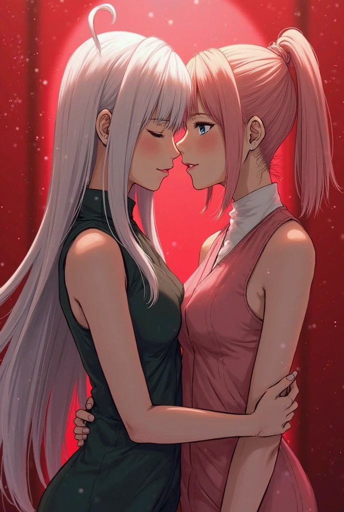"(2 women kissing, Sakura kissing Ino), sexy ninja sleeveless latex outfits, sweat, workout, small breasts, yuri:1.4, provocative, scene background with hyper details, Konoha village.", perfect anatomy, perfect arms, perfect hands,