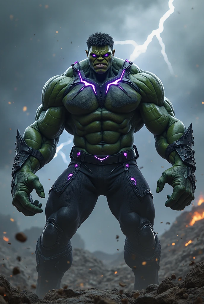 ((masterpiece)), best quality, high details, highres, ((ccurate)) , Joker's transformation into the Hulk, a fusion of chaos and brute strength, green-skinned with a twisted smile, ((wild purple hair)), ((glowing eyes)) , ripped purple outfit, causing mayhem and destruction, surrounded by a chaotic and explosive environment, ((destroyed city in background)), fujifilm, trending on artstation,depth of field, cinematic lighting, ray tracing, backlighting