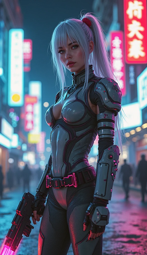 master part, melhor qualidade, ((provocante)) Vladislava Galagan garota cyberpunk juntas, Armadura corporal cyberpunk branco inspirado em Harajuku, sexy white stylized lingerie, holding a big stylized pen like a modern gun, bold colors and patterns, Attractive accessories, penteado moderno e inovador, deslumbrante paisagem urbana de Cyberpunk, highrise, bright neon signs, luzes led, anime illustration, Textura detalhada da pele, textura de pano detalhada, Rosto bonito e detalhado, detalhes intrincados, ultra detalhado, Cinematic lighting, Contraste forte.