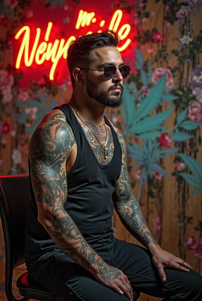 Realistic image, 8K resolution, Latin man, tattooed, looking like a rapper, large nipples, tattoos, beard and mustache, naked, with large penis and testicles, wearing a thong, barefoot, sitting on a chair, with a dildo in his anus, with his feet on a glass table, in his hand he holds a pipe of PNP meet cloud