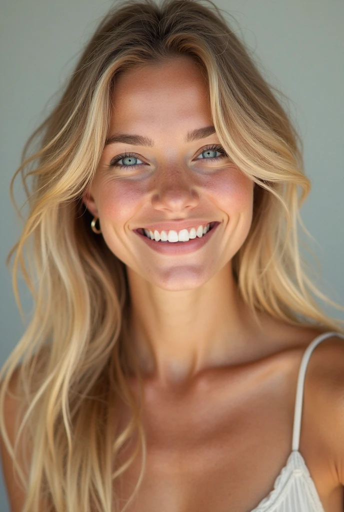 Belle fille de 20 ans, realistic, long hair, blond clair, blue eye, souriante, dent blanche, smooth hair, très realistic, cheveux très très plat, robe noir, chaussettes grises, sur fond png, mega realiste