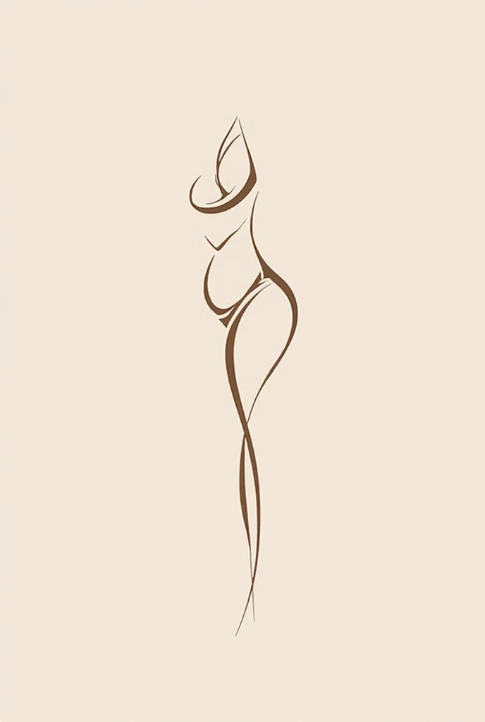 Create a simple line drawing of a fat woman in a bikini, standing with her back turned, with only a few continuous black lines. The background is a soft brown-gray. The simplicity of these lines conveys a sense of calm, creating a design that is emotional yet clean and modern.
