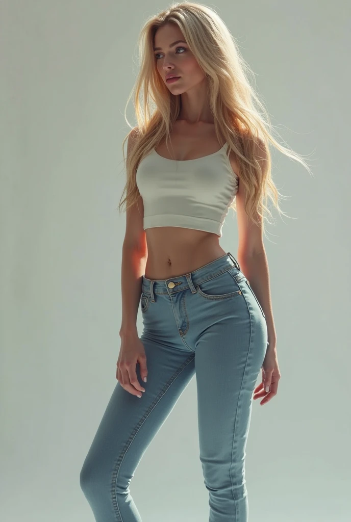 female with long blonde wavy hair, wearing light blue jeans, white top and white heels, standing
