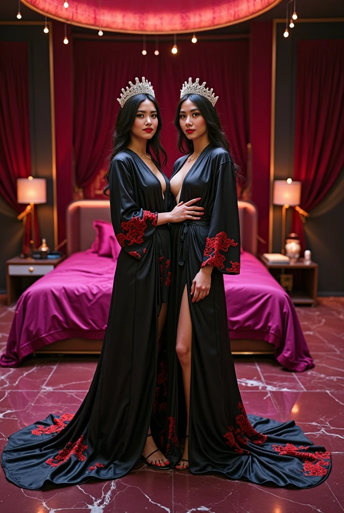 Two woman in the translucent night gown, half naked, nipple on, shibari,tied with red satin rope,wearing satin hijab, full body,mermaid tight long gown, flowy dramatic long gown,very long flor length gown, tall women, sexy face, sexy pose, wear high heels, masterpice