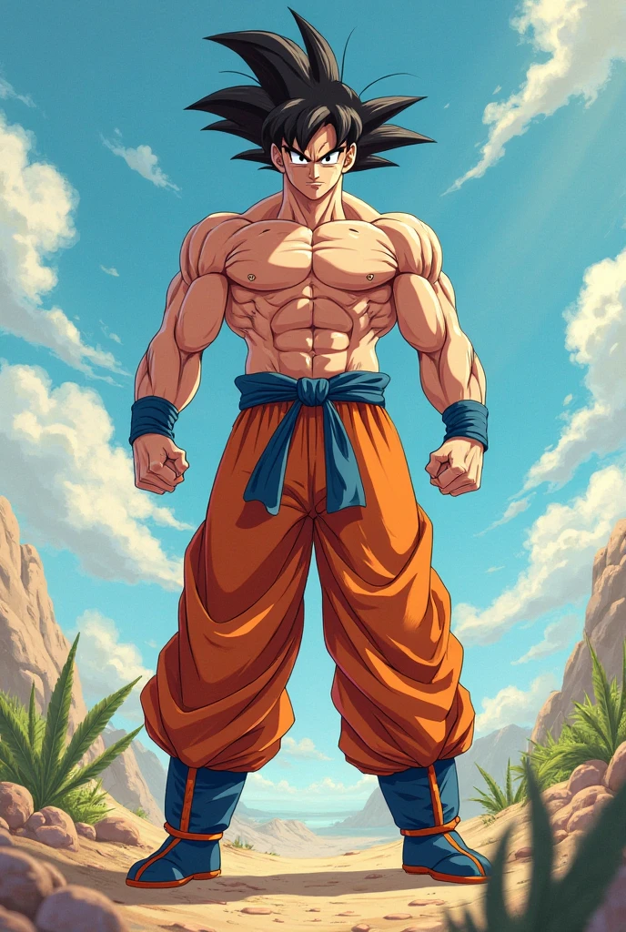 Goku showing his muscles and completely without clothes