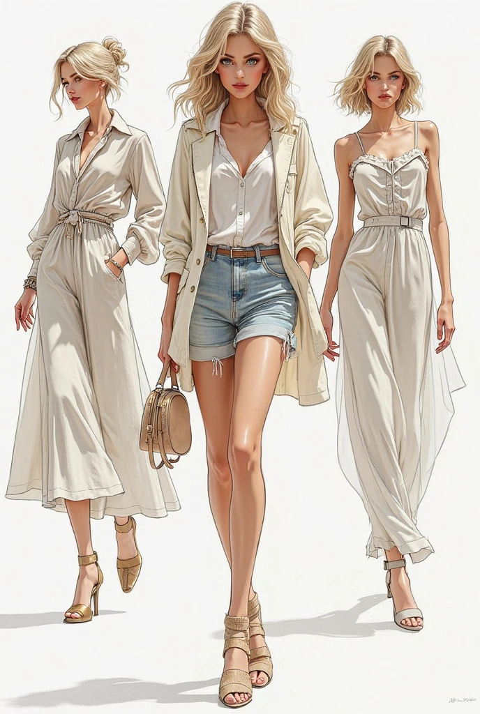 Create portfolio sketches for casual wear collection 5 ensembles .US based fashion buyer. For fashion Designer's professional portfolio. According to trend and colour of season 2025 summer spring. Sustainable organic fabric cotton viscose hemp collection.