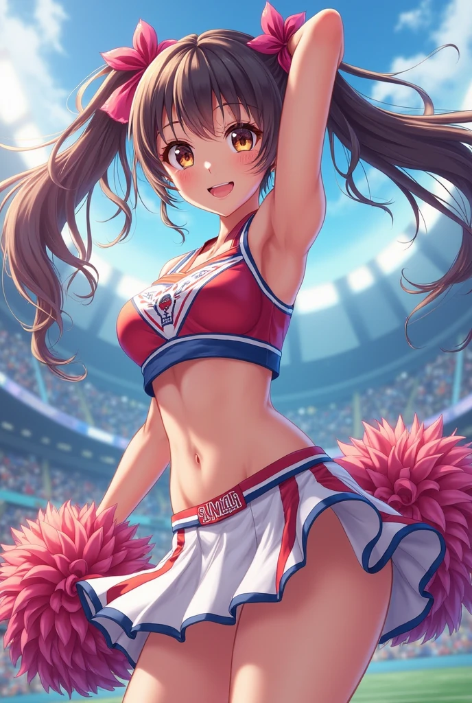 Woman wearing a cheer leader uniform, pink skirt, white and pink clothes, holding pom-poms, dark brown hair, green eyes, happy, dancing