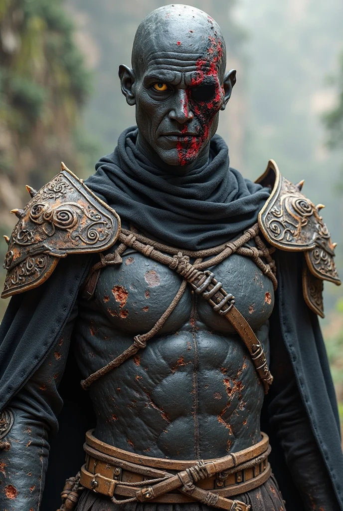 big game hunter, metal mask, scars on neck chest and face, 1950's, cloak