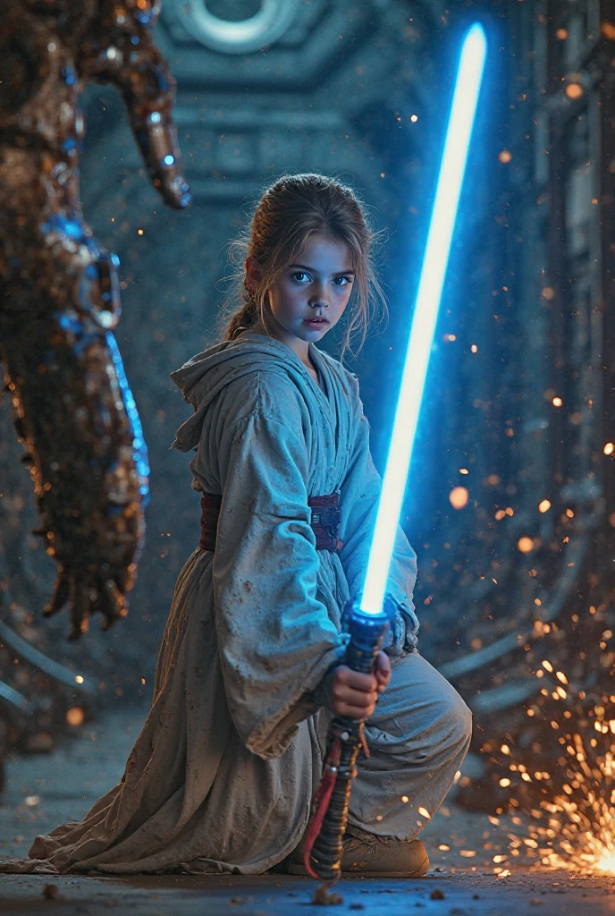 RUSSIAN CHILD GIRL , WITH LONG STRAIGHT BLONDE HAIR WITH BRAIDS, RED PORTRAIT STYLE BACKGROUND, A closeup, holding two illuminated swords, lightsaber, holding a blue lightsaber, holding an activated lightsaber, with lightsaber sword, jedi with lightsaber, holding laser swords, holding 4k lightsaber,  - Blue lightsaber, Jedi knight, with lightsaber, Star Wars character, holding a lightsaber