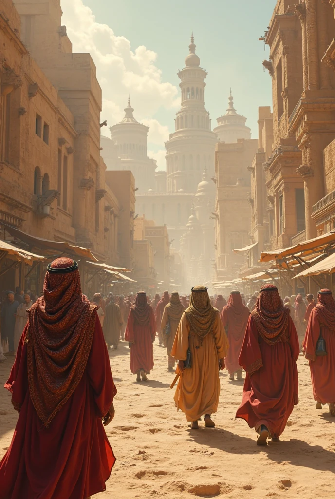 ancient city of Medina. lots of people walking around the city. they wear ancient Arab traditional clothes