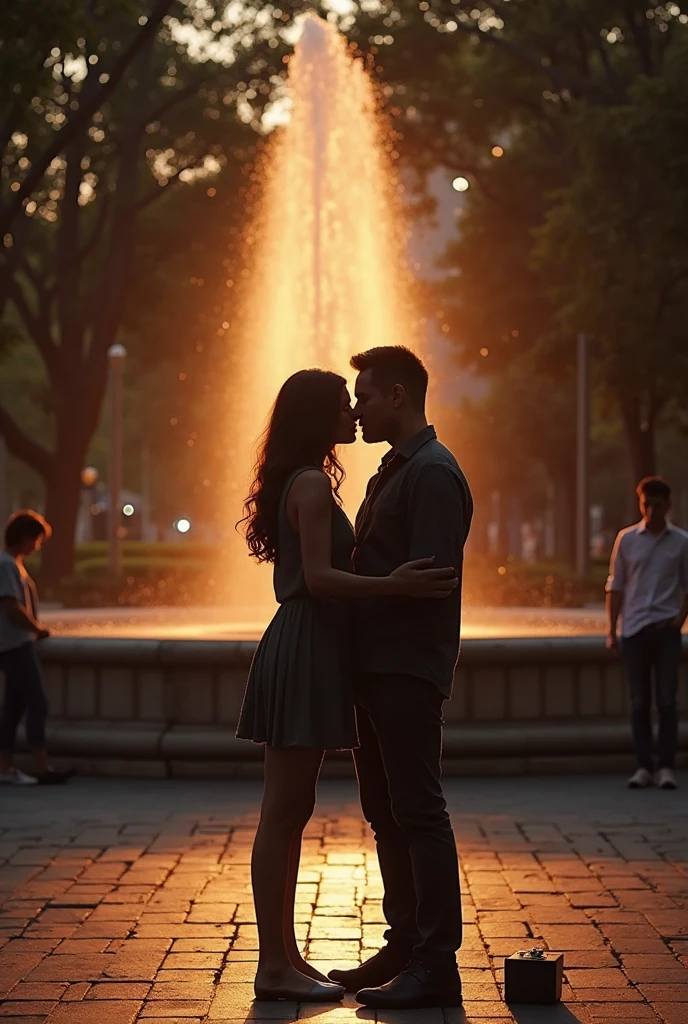 A man with his wife lips kiss and both ar standing in park, cenematic lights, ultra realistic, hd smooth, hd
