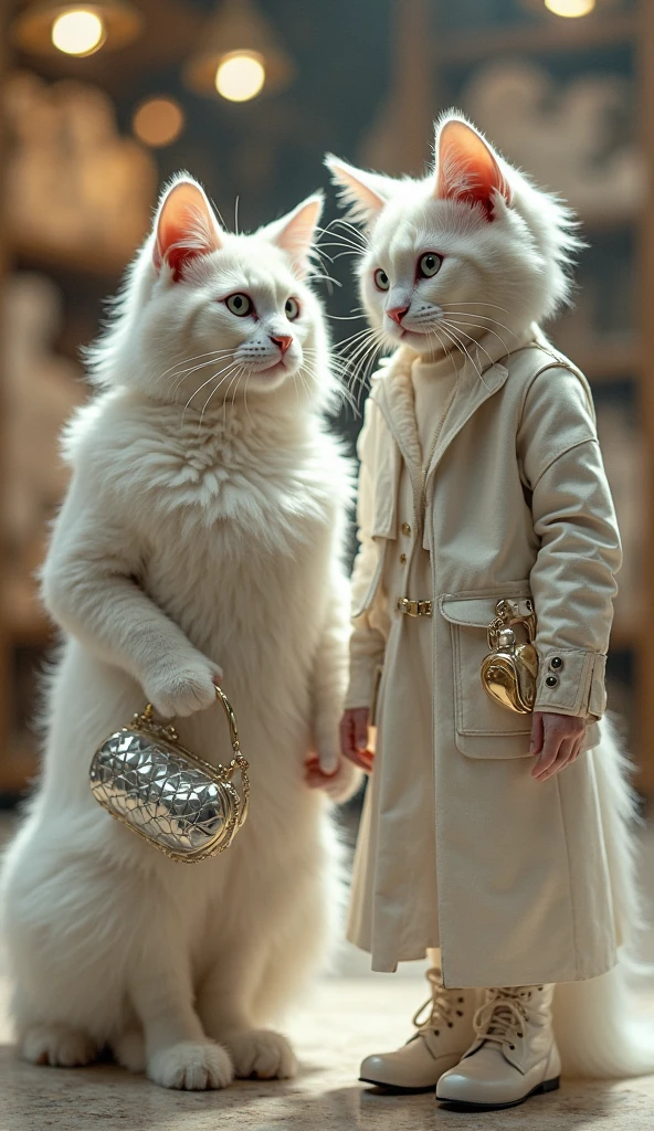Exaggeratedly detailed newborn baby in a Himalayan cat fur costume rides on top of a large Himalayan cat walking in a real fashion show