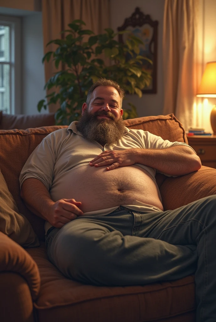 A very fat bearded man lazy on the sofa using a cell phone in his hand