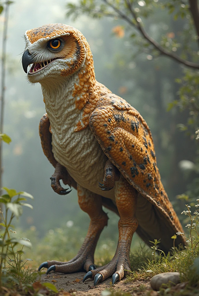 Raptor, dinosaur, feathered, gold feathers, black markings, female, blue eyes,