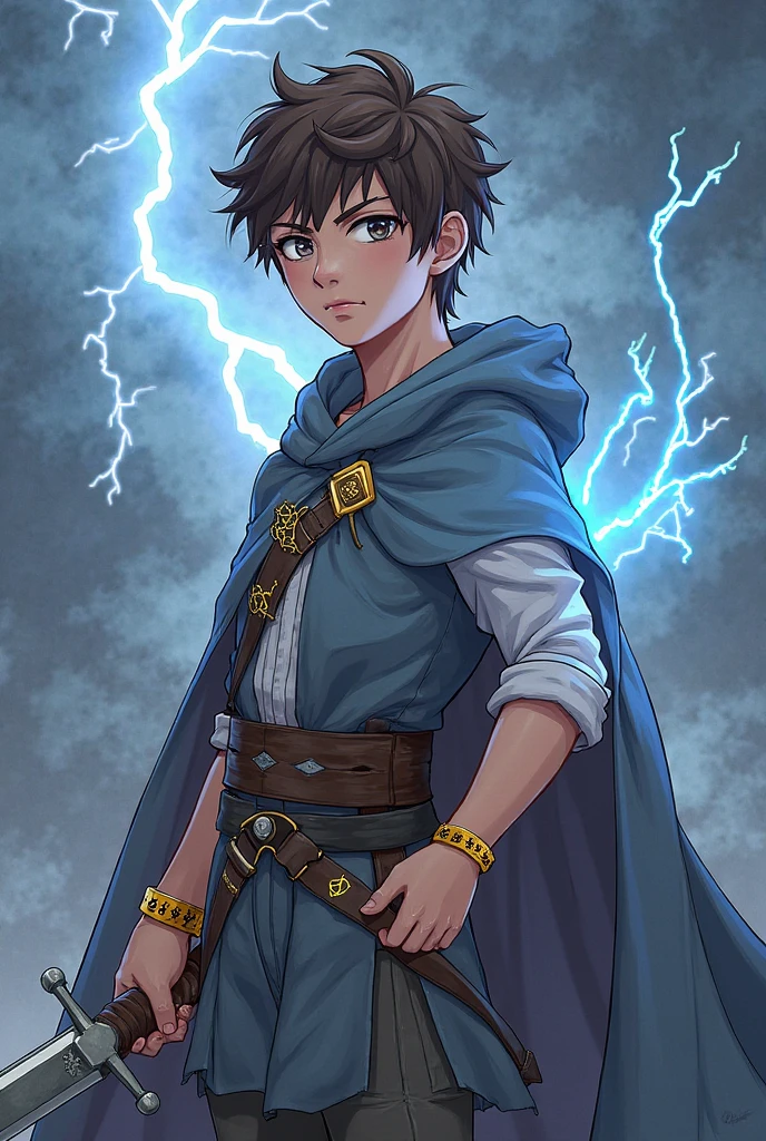 Boy anime version manga drawn Hair: Dark brown, smooth and short, always looking wet, as if he had just come out of the water.eyeballs: Light blue, with an intense and penetrating shine, as if they were always analyzing the environment around them.Skinned: tanned, with a slight natural moisture that reflects its affinity with water.Physicist: Slim and athletic, with long, defined muscles, perfect for agile and fluid movements.badass clothing: Wears light armor made of tanned leather, with details that resemble waves carved into the leather itself. Wears a navy blue cape made of a thick, water-resistant fabric.. in the arms, has reinforced leather grips, decorated with simple water-related markings and symbols.Accessories: A simple glass bottle filled with ocean water, attached to the belt, and a small wooden wave-shaped amulet, attached to the neck.