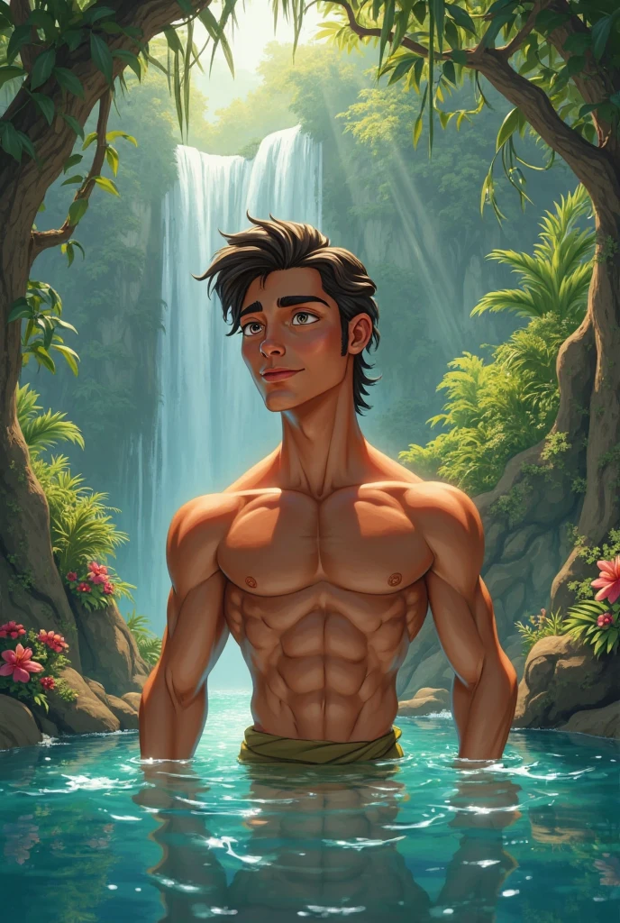 masterpiece, best quality, 5boys, , (many boys: 1.3) kissing at a jungle waterfall, (kissing: 5), male focus, solo, abs, dark skin, tan skin, messy colorful hair, seductive, lean, toned, skinny boy, twink, sexy, shirtless, jungle background, naked bathing in fountain, wet robe, towel around waist, colorful flowers, lush plants