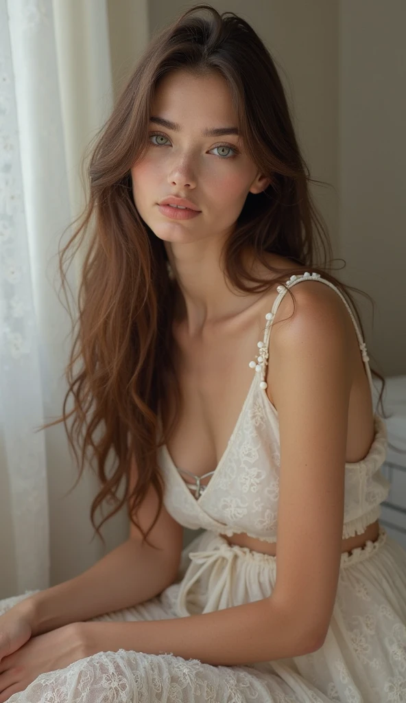 Beautiful, american, young woman, age 15, long brown hair, green eyes, wearing white lace top, wearing white cotton panties, wearing white knee high socks, brightly smiling and happy, leaning against dining room table, viewed from the front, photorealistic