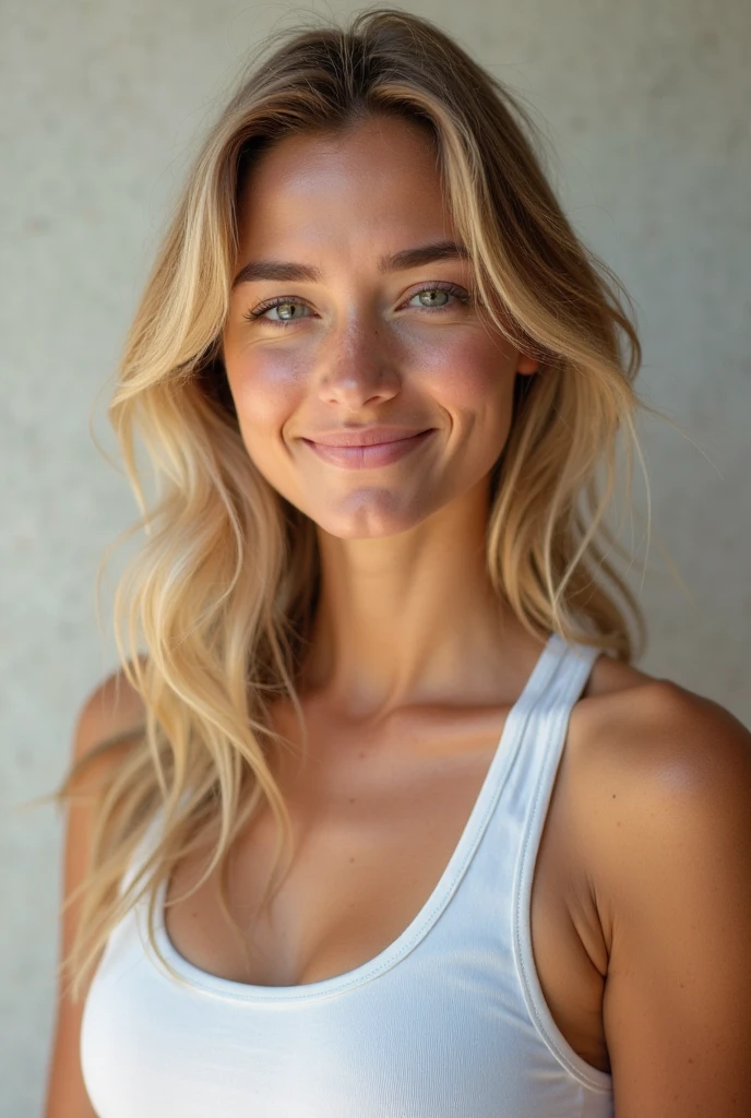 Une jeune femme plutôt musclée mais pas trop qui est aussi chef d'entreprise habillée en business woman plutôt sexy, elle échange un regard complice avec son chéri qui semble fière d'elle (he is curly blond with blue eyes). Devant elle on peut deviner son business qui est dans le sport (musculation et course) and social networks, elle vient d'ouvrir sa salle de sport et beaucoup de gens l'admirent et la respectent