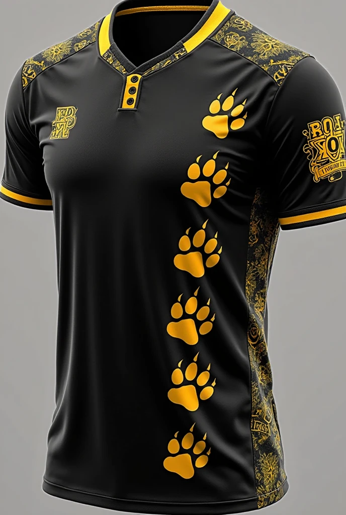 Design a sleek black jersey with a golden panther paw print motif. The jersey features a large, stylized golden paw print on the left chest, with claw marks extending diagonally across the front. The player's number is displayed in a bold gold font in the center. A subtle golden outline of a panther face is placed on the lower right side of the jersey, adding a touch of mystique and agility.