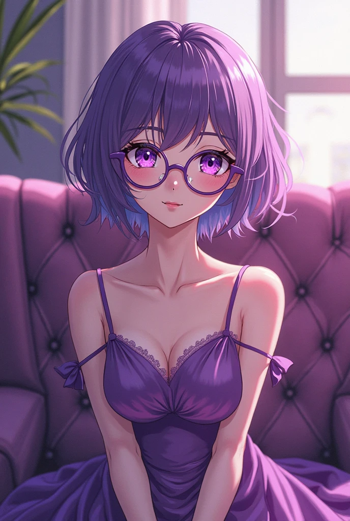 Beautiful young teenager, 1girl, purple hair, blue eyes, extremely short hair, lots of freckles, framed eyeglasses, heart shaped choker, happy, smiling, blushing, thick lips, full lips, gigantic breasts, extreme cleavage, deep cleavage, very thin body, keyhole chinese dress, sleeveless, bare arms, thigh stockings, perfect anatomy, restaurant background, detailed background, sunrise, ultra-detailed, 4k, 8k, best quality, masterpiece