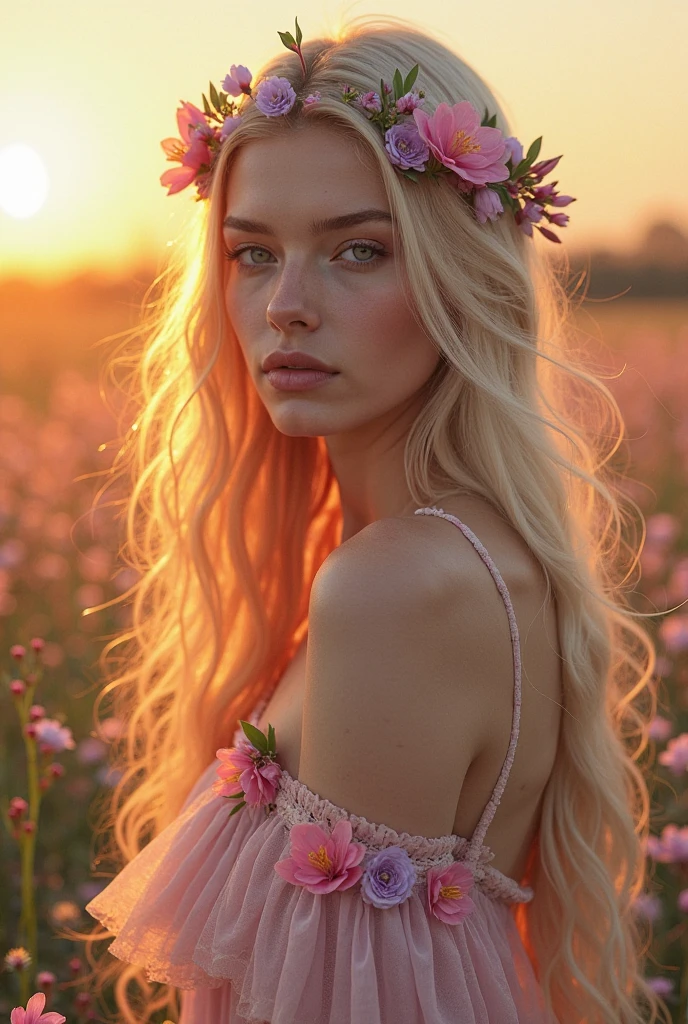 A ravishing French woman, adorned with a delicate flower crown, sits amidst a tapestry of vibrant blooms in a lush meadow, bathed in soft, golden sunlight. Her luminous face, featuring piercing blue-turquoise eyes shaped like almonds, holds the viewer's gaze as she poses directly into the lens. Her pastel-hued dress, intricate floral patterns, and luscious blonde locks are framed against a kaleidoscope of colorful flowers, creating a stunning 16K resolution image that captures her radiating beauty.