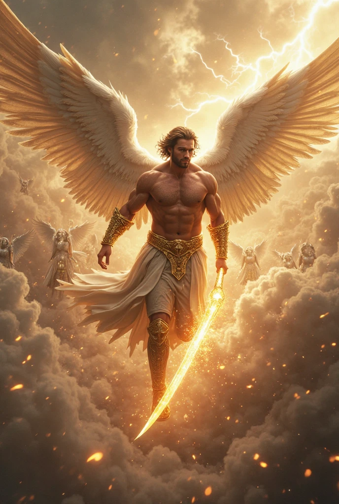 Create an ultra-realistic image of Archangel Michael, depicted as a powerful celestial warrior. He is shown holding a gleaming sword of light in one hand, with his other hand raised as if banishing all forms of evil and obstacles. His wings are large and majestic, with a radiant glow that surrounds him, symbolizing divine protection. Michael's expression is determined and fierce, yet compassionate, as he focuses on cutting the chains of suffering, illness, and fear from the person before him. The scene is filled with a strong, protective energy, with Michael's wings wrapping around the individual, shielding them from any visible or invisible harm. The background is illuminated with a divine light, emphasizing Michael's role as a protector and his triumph in every battle for health and peace.