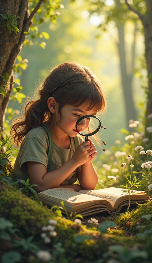 5  girl reading under a tree,stream, Stein, Wildflowers , forest.