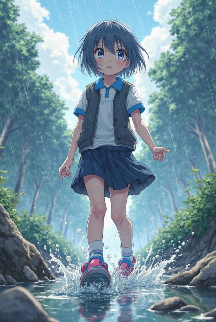 1girl、Shadow、strobe、Covering head with Closed book, short hair, t-shirt, shorts, sneakers、Closed books , running, rain 、Wet clothes, wet hair, puddles、perfect hands、faint light、deep shadowasterpiece
