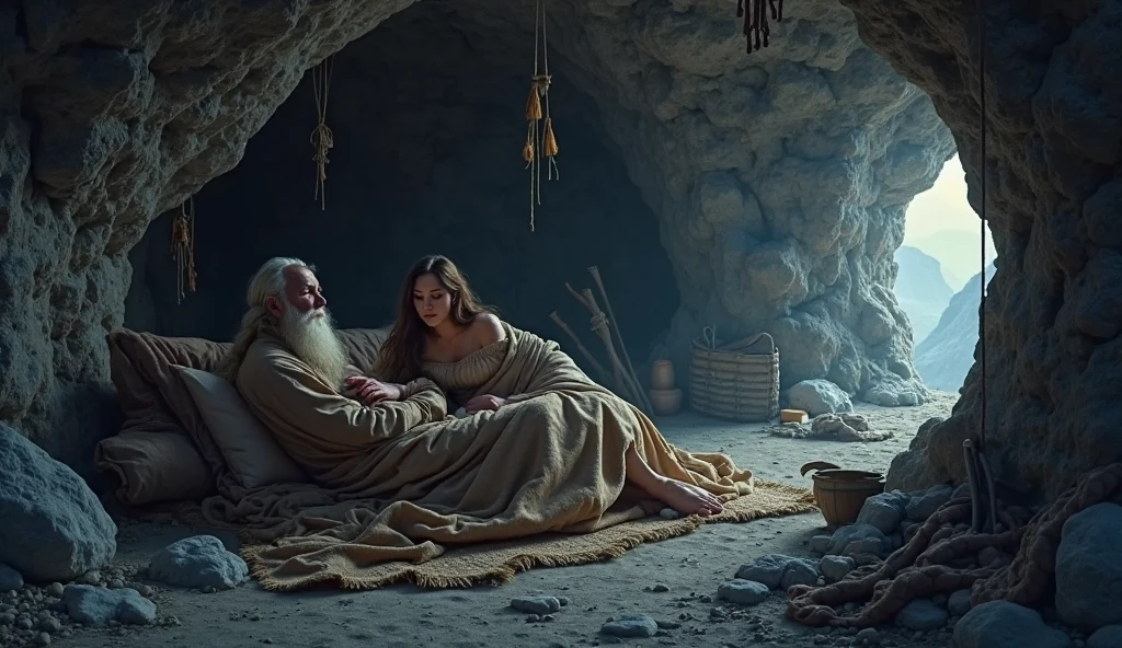 A man with two women from biblical times, both younger than him, are lying on the floor of a cave with a lamp. The man has gray hair and a long white beard, very handsome. One of the women is wearing a sheet revealing parts of her legs, very sensual and beautiful. The two women, one blonde and the other brunette.