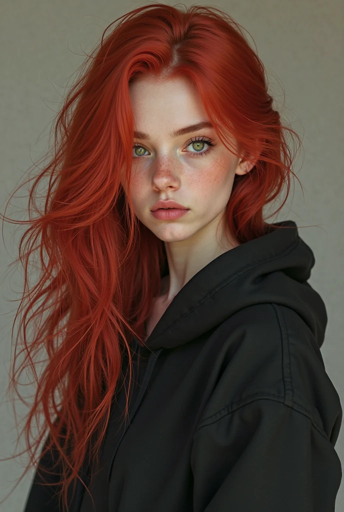 Girl with long wine red hair with electric gray eyes with flesh-colored skin with wide green pants and a short black wide shirt 