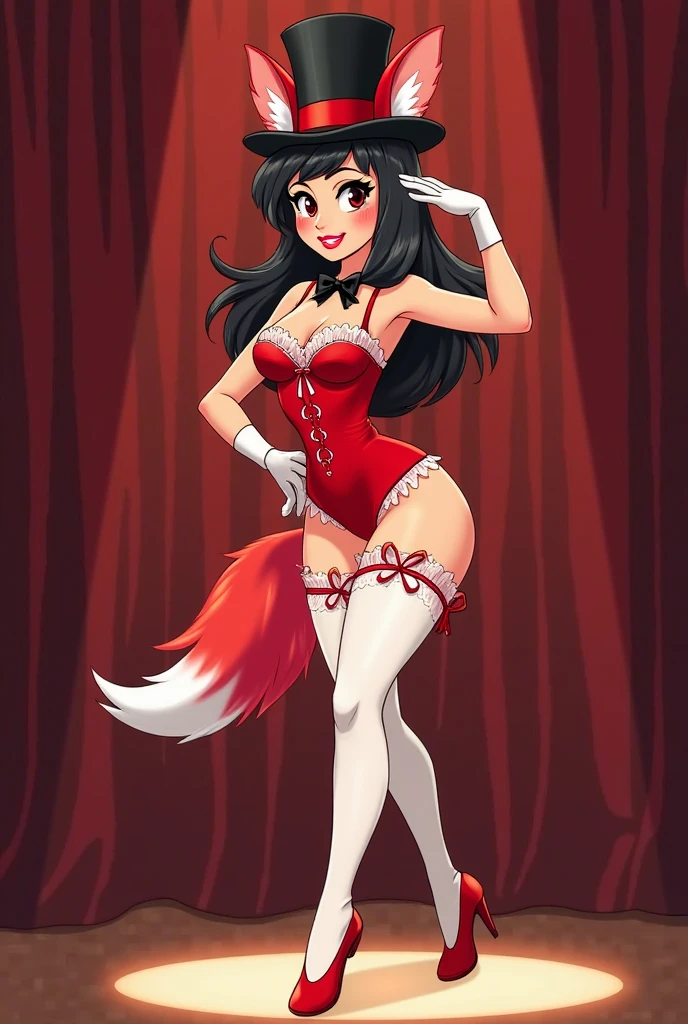 Female anthro skunk (black and white), ponytail hair, eye shadows, red lips, boobs, red heart shaped strapless belly dancer, ladies shoes, holding a feathers fan staff, tiny toons style