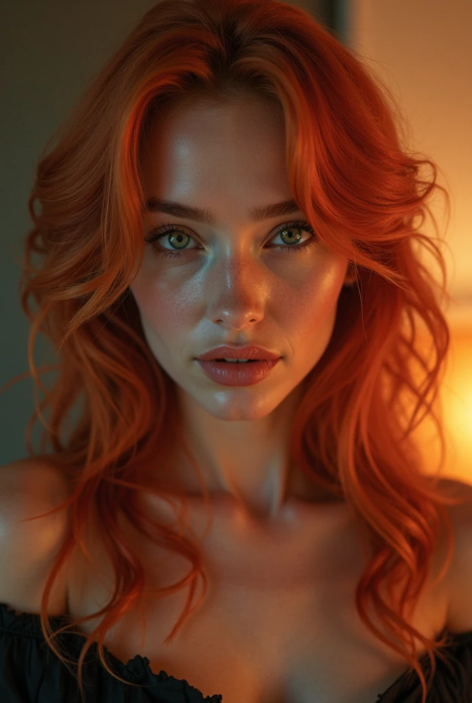 a red-haired girl with fair skin and freckles, long curly light orange hair, emerald green eyes with a sarcastic expression, gorgeous body, with beautiful and very large breasts, all naked, highly detailed and expressive face, (best qualityer,4K,8k,high resolution,work of art:1.2),ultra detali,(realisitic,photorealisitic,photo-realisitic:1.37),portraite,conceptual artwork,dramatic lighting,bright coloured,details Intricate, (Avoid deformed and poorly designed eyes)