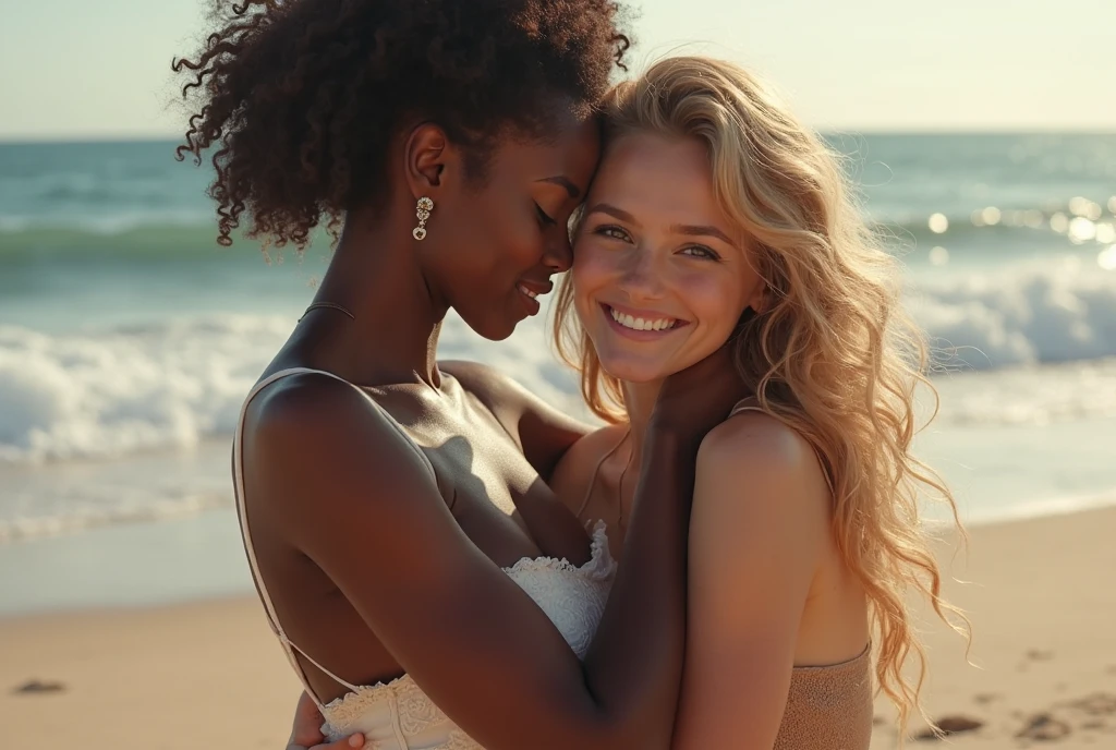 Show entire body, feet in view, 2 gorgeous mixed race super models, medium build, slim waistline, pretty face, curly blonde hair, visible nipple, necklace, DD breasts, wearing corporate attire, tight miniskirt , both wearing sheer navy blue nylons, pretty feet, smiling, squatting, taking a selfie, smiling