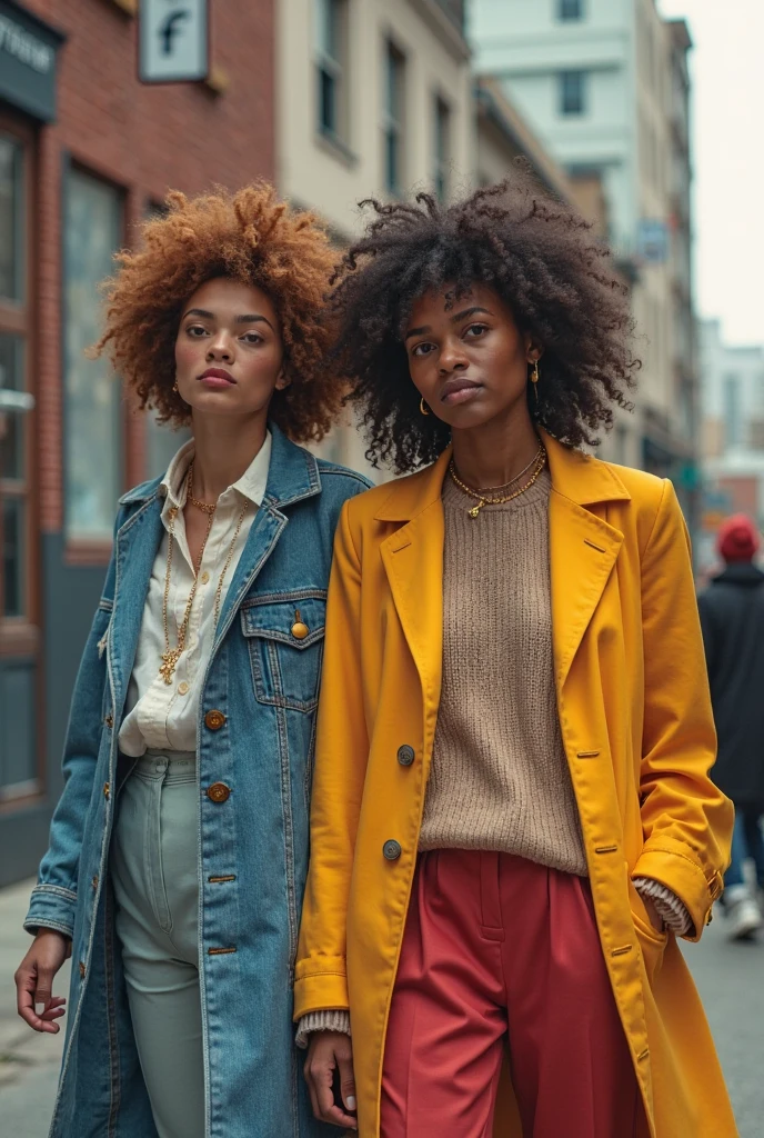 Une femme noire avec une afro portant un rouge à lèvre orange avec à ses oreilles des grosses boucles d’oreilles en or, vêtu une veste en velour rouge, un pantalon flaire en velour jaune et un t-shirt blanc et des bottines bleu, marchand dans la rue