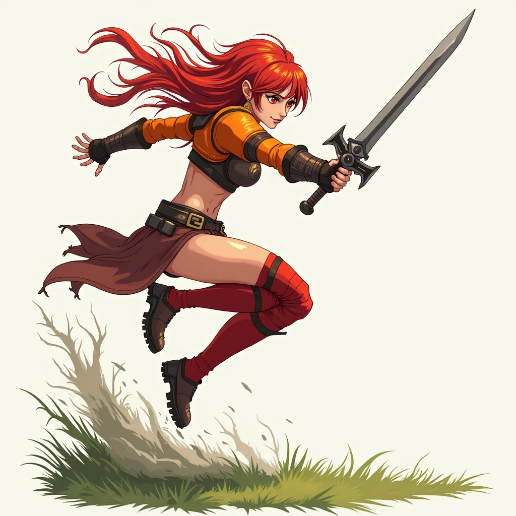 warrior, long red hair, big boobs, full body with armor, holding sword, victory sexy pose, from behind